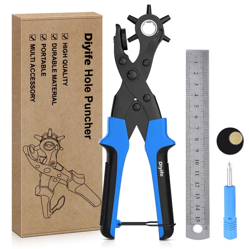 Diyife Professional Leather Hole Puncher, Full Set Punch Tool Kits for Belt, Watch Band, Shoe, Crafting, Handbag Straps, Fabric, with Extra Punch Plates and Ruler, Multi Hole Sizes Make - Blue - Image 1